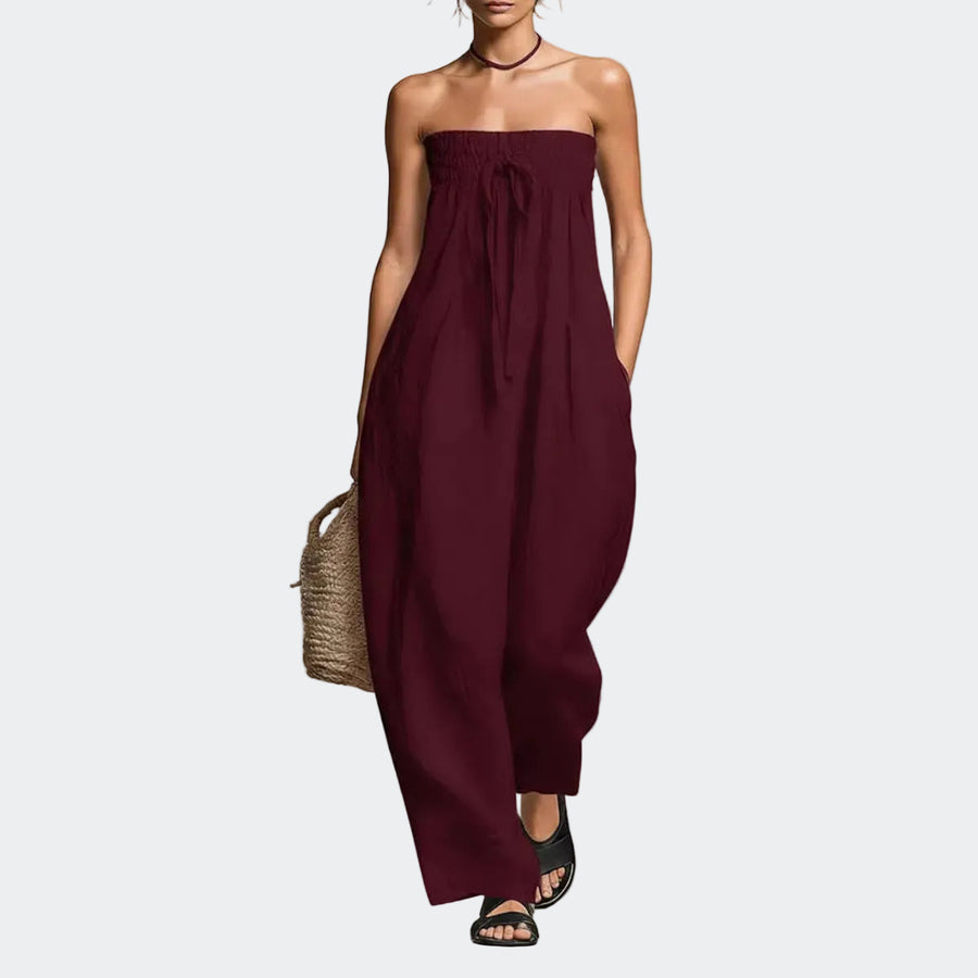 Women’s Strapless Ruched Straight-Leg Jumpsuit