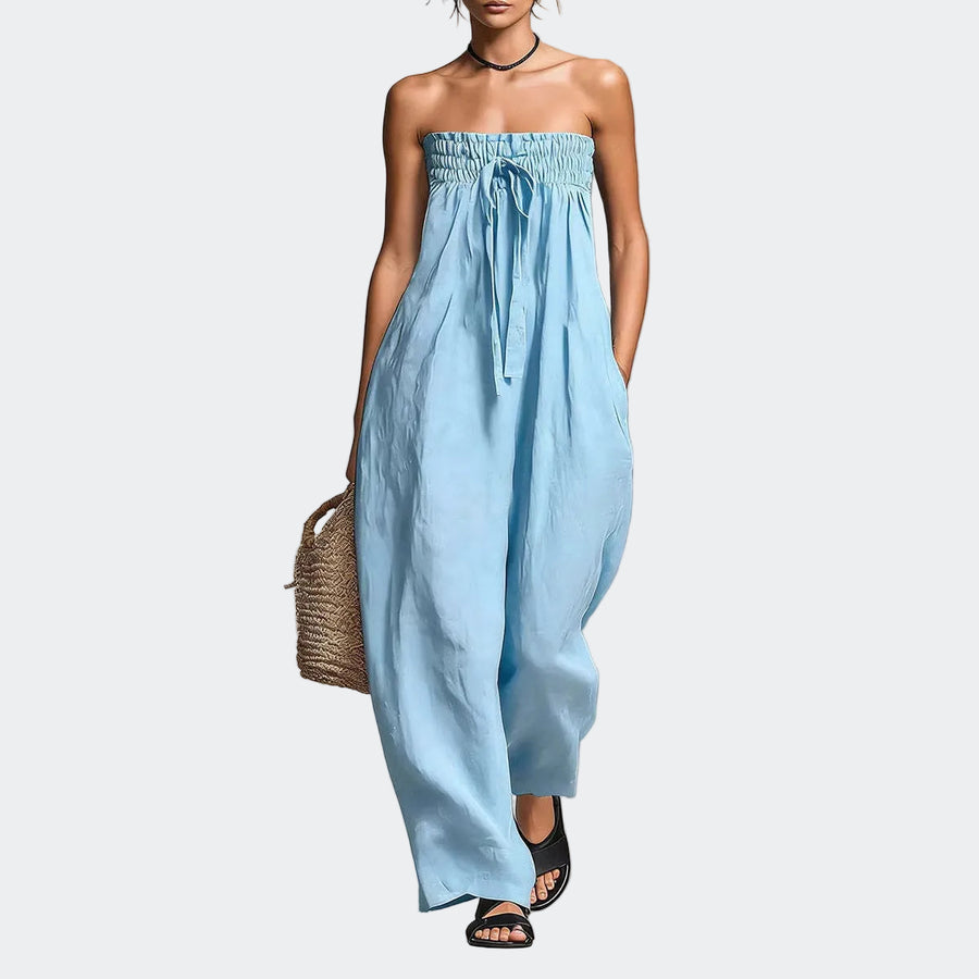Women’s Strapless Ruched Straight-Leg Jumpsuit