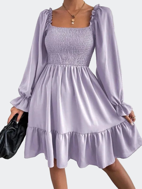 Women’s Square-Neck Ruffled Long-Sleeve Mini Dress