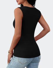 A woman shown from the back wearing a fitted sleeveless black top and light blue jeans against a plain light background.